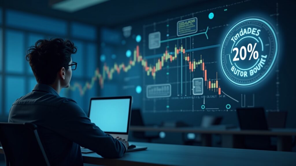 Analyst in a Tokyo office reviews holographic crypto display and a 20% tax badge, signaling selective reform.