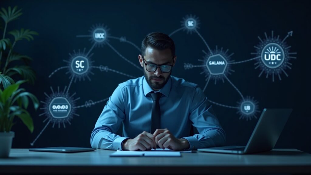 Executive at a desk surrounded by holographic Solana nodes and USDC icons, with JPMorgan and Galaxy branding.