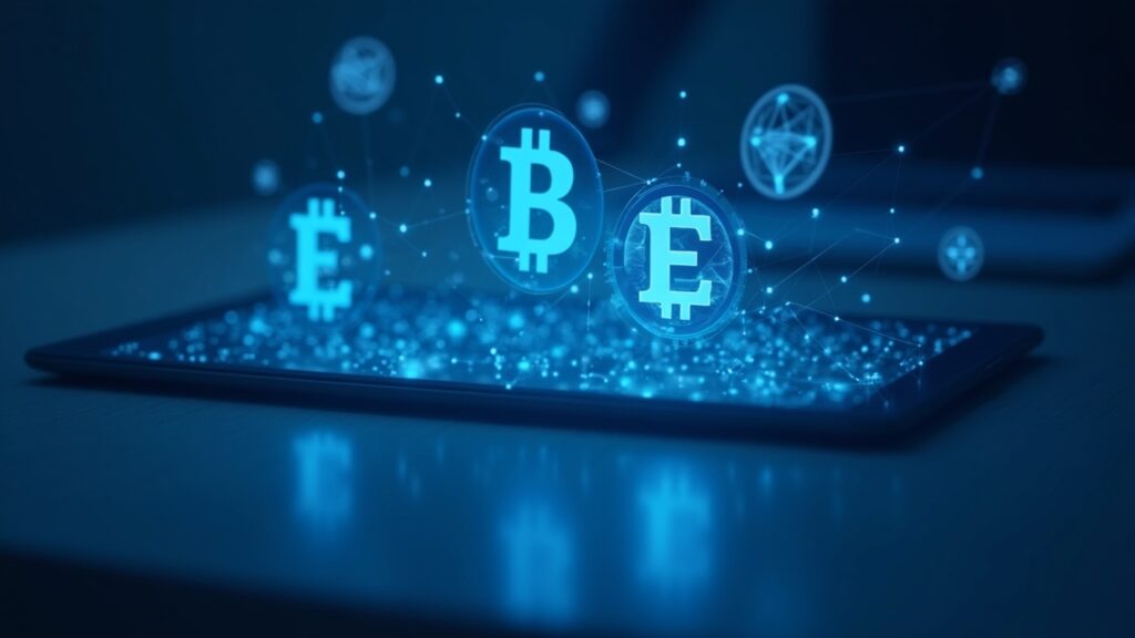 Photorealistic bank trading desk with BTC and ETH on glass screens, a translucent blockchain hologram in blue tones.