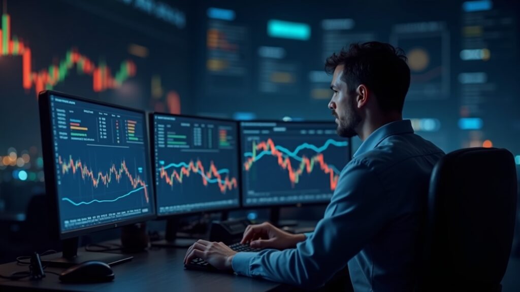 Photorealistic trading desk with a focused analyst and probability curves on screens, regulatory icons and blockchain motifs in background.