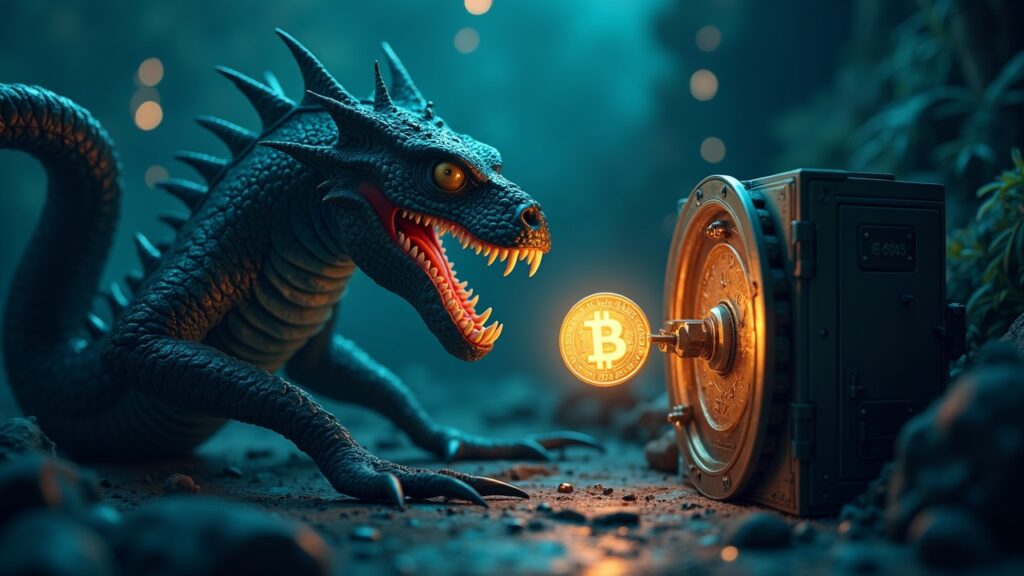 Photorealistic Kraken-inspired figure exchanges a glowing token with a Swiss bank vault amid a blockchain network backdrop