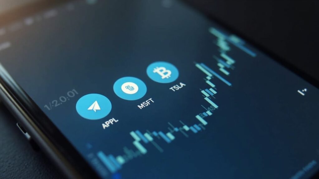 Kraken-backed xStocks launch on TON brings tokenized U.S. stocks to Telegram Photorealistic smartphone screen showing tokenized US stocks icons (AAPL, MSFT, TSLA) in a TON/Telegram interface.