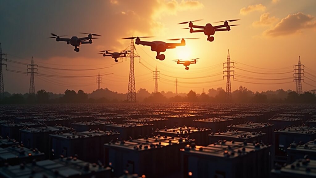 Silhouettes of air and ground enforcement above rows of Bitcoin mining rigs with drones overhead.