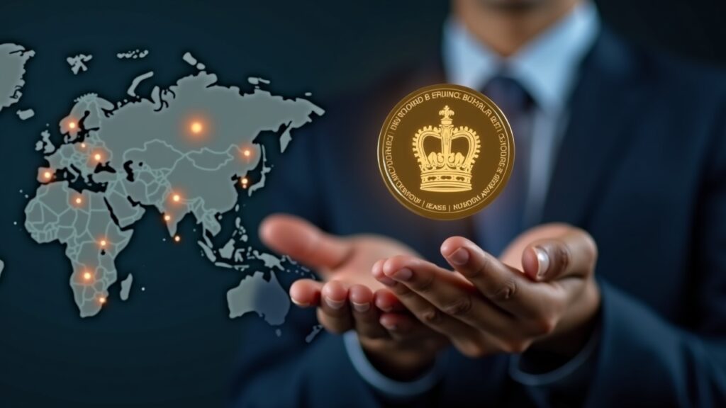 Realistic businessperson portrait with a token featuring Malaysia's royal crown, over an Asia map with blockchain nodes.