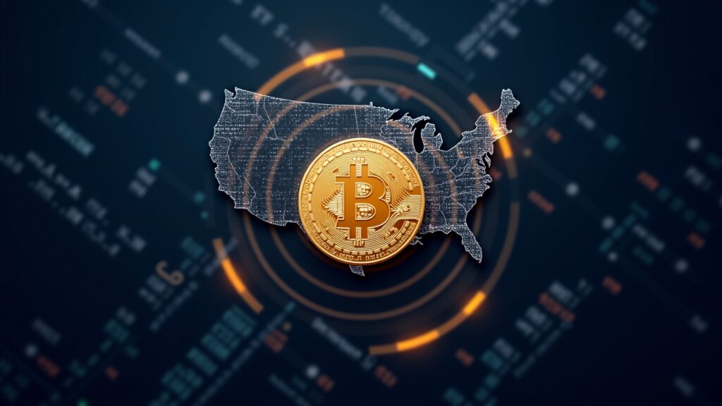 Bitcoin token centered above a US ticker board showing MPJPY, with a globe of deposits and a digital vault.