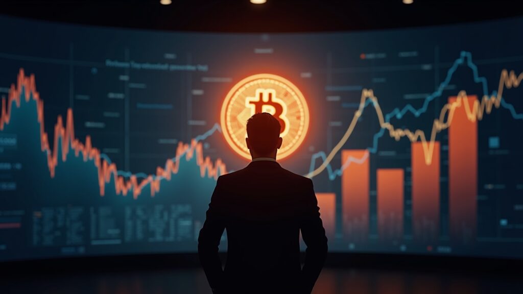 Photorealistic header: business silhouette facing rising crypto charts with a bold Bitcoin emblem in a newsroom setting
