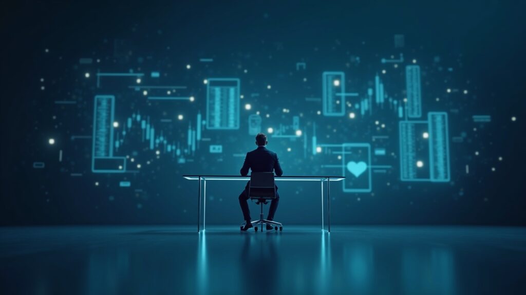 Executive at glass desk with holographic MSCI charts and subtle blockchain accents, signaling engagement amid MSCI exclusion.