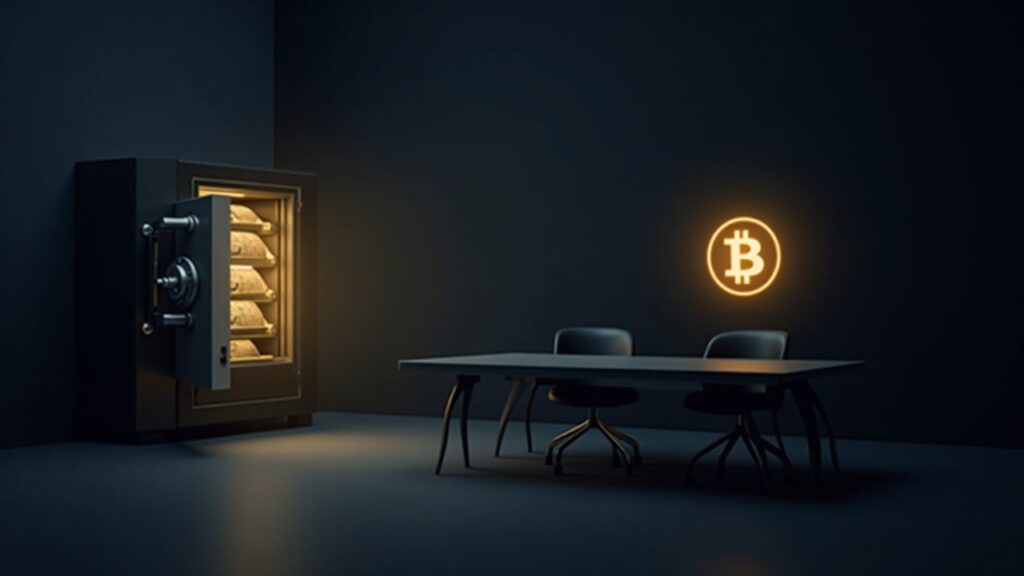 Boardroom scene with a glowing cash vault and Bitcoin emblem, signaling liquidity rise and paused BTC purchases.