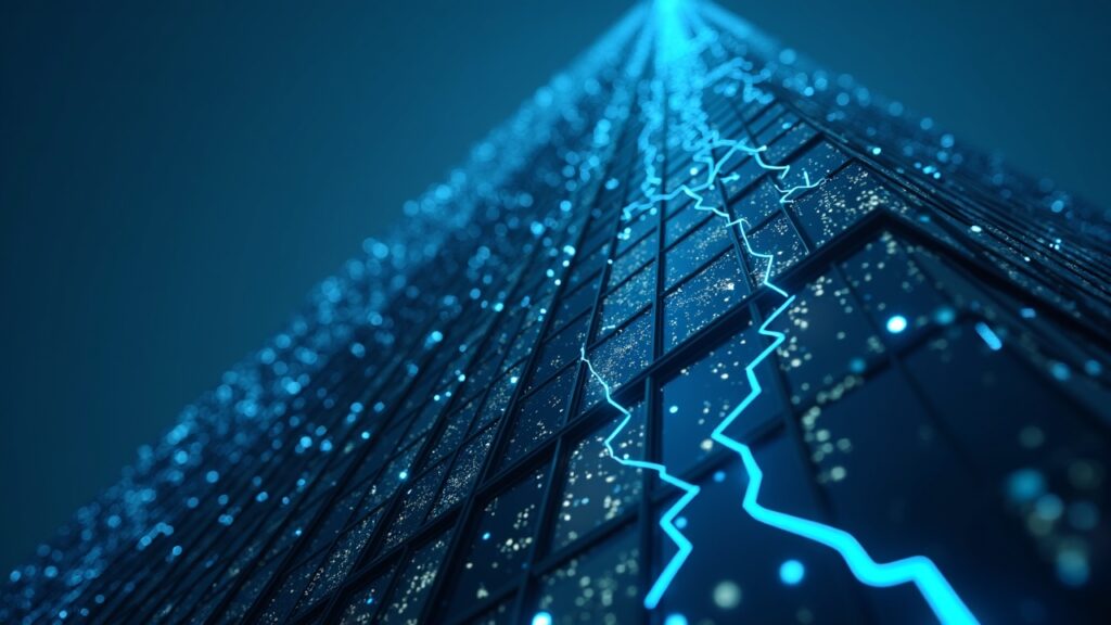 Photorealistic tower with glass facade and glowing blockchain lines, symbolizing regulated crypto entry and custody.