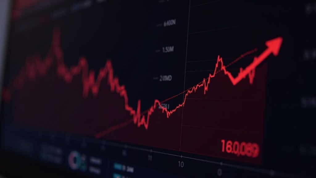 Photorealistic crypto trading desk with MON logo and a price chart dropping toward 0.028 in a newsroom ambience.