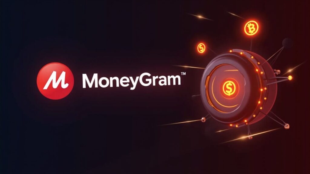 Photorealistic MoneyGram logo beside a Fireblocks vault UI with glowing stablecoin symbols.