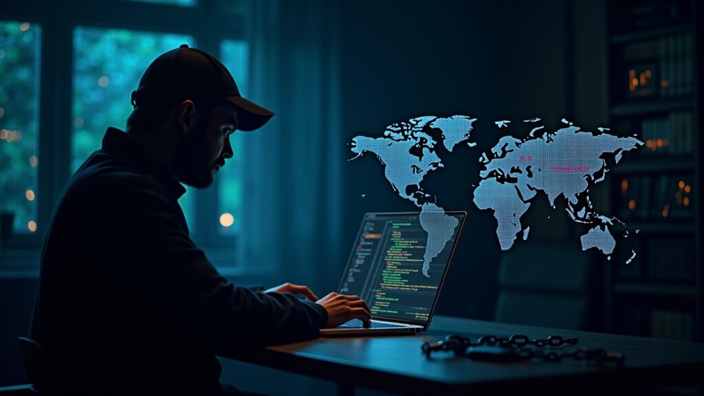 North Korean hackers steal record $2 billion in crypto during 2025 Photorealistic header: a shadowy hacker at a glowing workstation, streams of code, and a bold 2B crypto figure over a world map.
