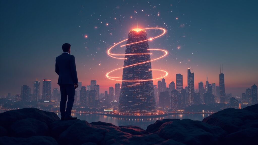 OCC clears Circle, Ripple and others to launch crypto national banks Futuristic bank tower with glowing blockchain rings, regulator silhouette, and crypto shards over a dusk city skyline.