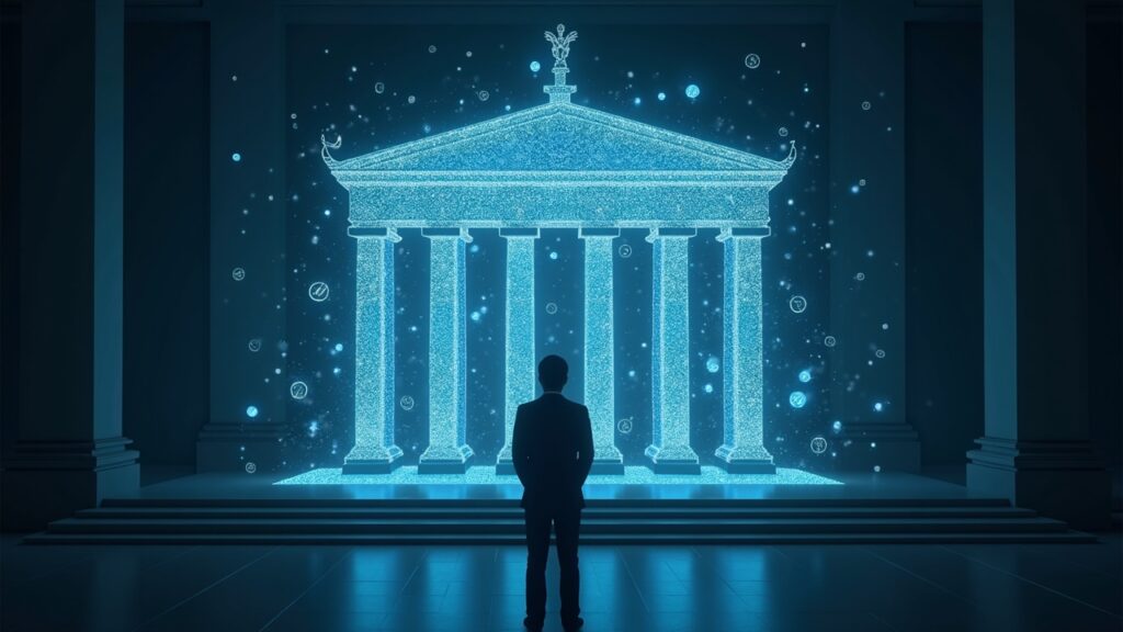 OCC grants conditional national trust bank charters to Circle, Ripple, Paxos, Fidelity and BitGo Photorealistic bank hall with a central figure under a holographic crypto-assets display, against a government facade.