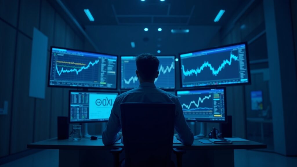 OKX and Deltix partner to provide US institutional access to OKX order books Professional institutional trader at a multi-screen desk with OKX and Deltix branding in a blue-lit setting.