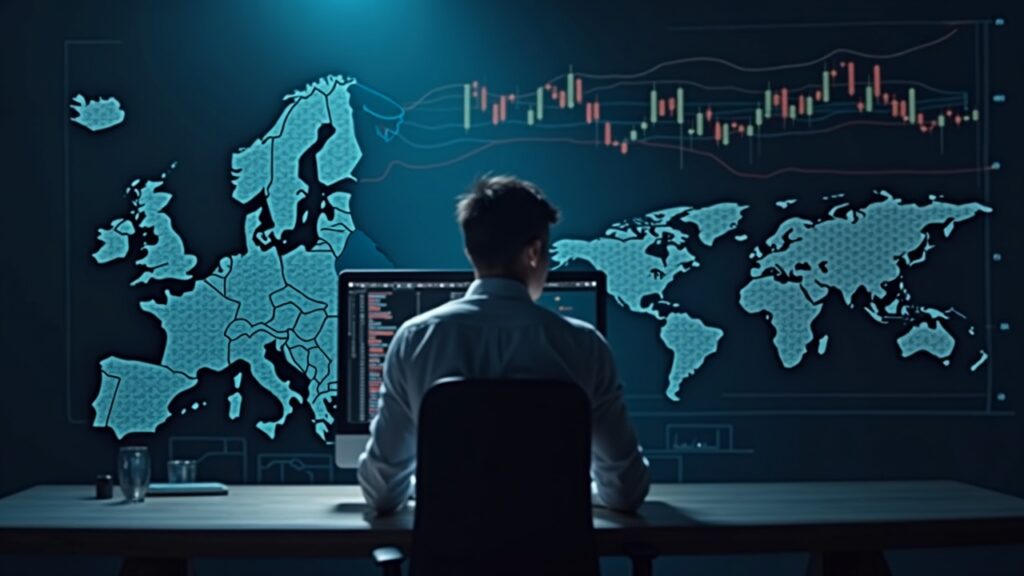 OKX launches spot margin trading in Europe, expanding advanced trading tools Realistic crypto trader at a clean desk with a margin-trading dashboard, Europe map overlay and rising charts.