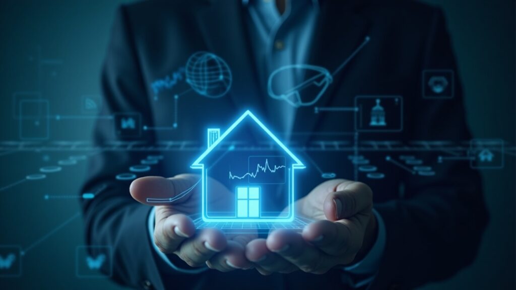 Pineapple Financial Migrates 10 Billion in Mortgages to Injective Blockchain Today Photorealistic finance professional reviews a glowing on-chain mortgage ledger on a transparent blockchain grid.