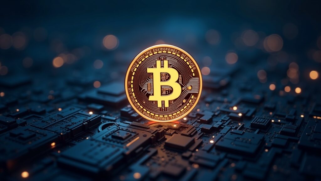 Photorealistic TBILL token morphing from a Treasury bond, glowing on a blockchain network above a vault cityscape.