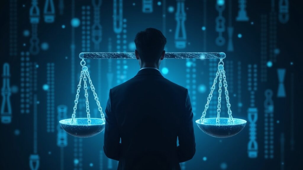 Photorealistic crypto trader at center with holographic scales of justice and a blockchain backdrop.
