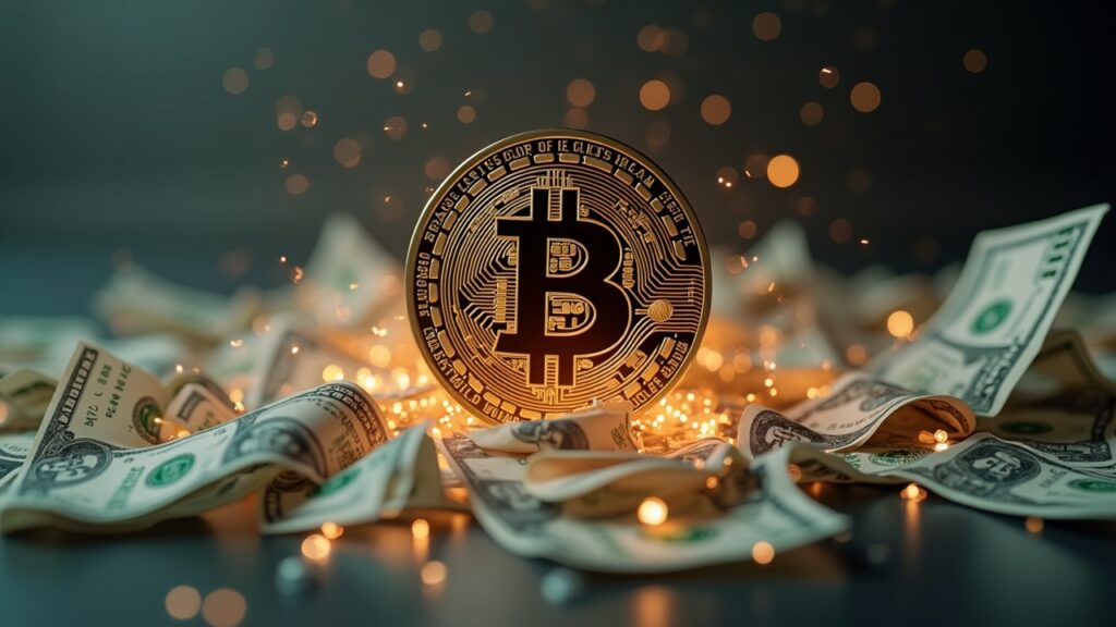 Photoreal Bitcoin centered with flowing dollar streams converging on a price silhouette, subtle Fed motif.