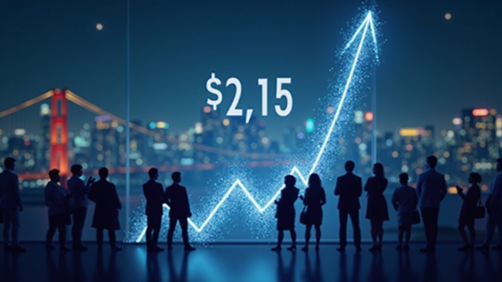Photorealistic newsroom image: Polkadot breaks 2.15 with a rising chart, cross-chain bridges, and institutional silhouettes.