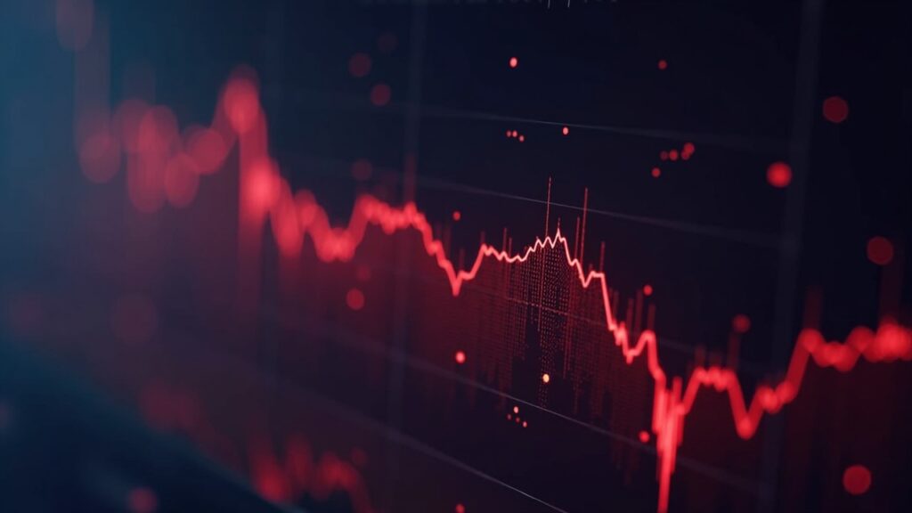 Polkadot’s DOT falls 3% to $1,83 as crypto markets reverse lower Polished newsroom scene with a glowing price chart showing a downward DOT trend, red volume spikes, and a Polkadot-inspired icon.