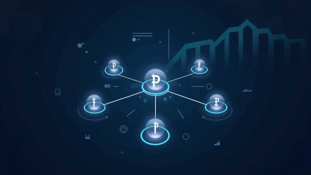 Polkadot rises 4% as crypto markets stabilize Polkadot DOT at center with interlinked blockchains, rising price line in background and subtle regulatory icons.
