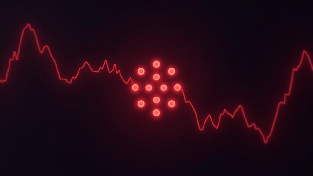 Polkadot logo centered above a red downward price chart with a newsroom glow, signaling DOT underperformance.