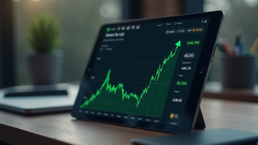Photorealistic newsroom desk with tablet showing the Polymarket US app, green crypto charts and a rising arrow.