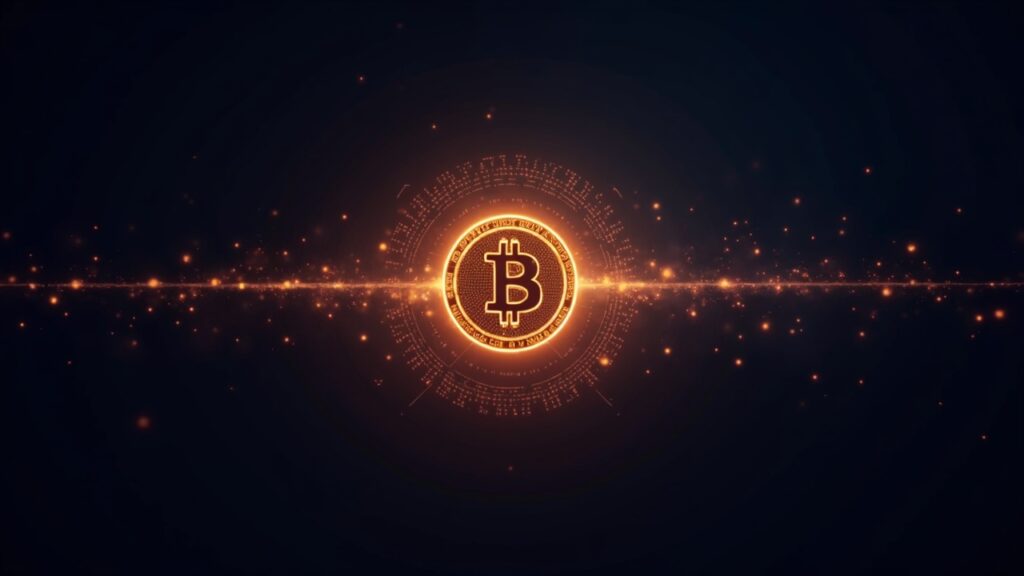 Hyper-realistic header with a Bitcoin symbol, glowing quantum circuits, and a subtle timeline glow in newsroom style.