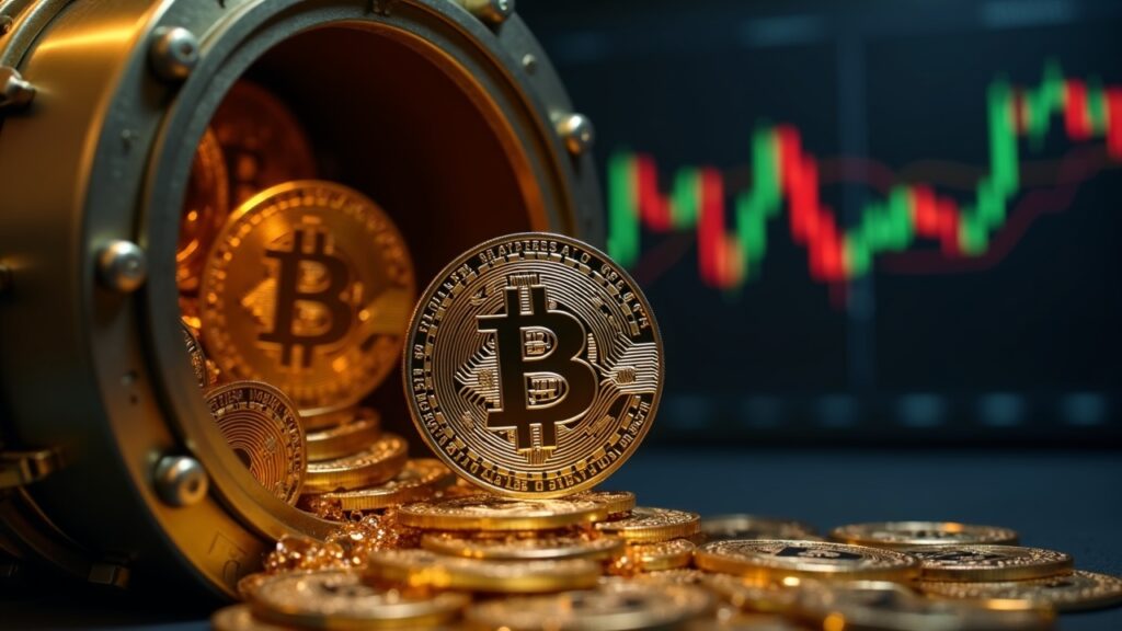 Photorealistic header of a UK Bitcoin vault with 579 coins flowing into cash and a subtle price chart.