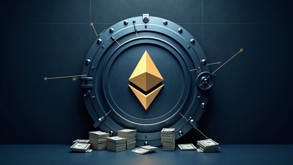 SoFi launches SoFiUSD, an ERC-20 Ethereum stablecoin for trading, settlement and payments Bank vault doors morph into the Ethereum logo, with cash stacks and network lines, symbolizing a bank-backed Ethereum stablecoin.