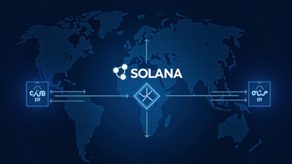 Photorealistic crypto newsroom header: SOL at $140 resistance with ETF logos and flow arrows around Solana.