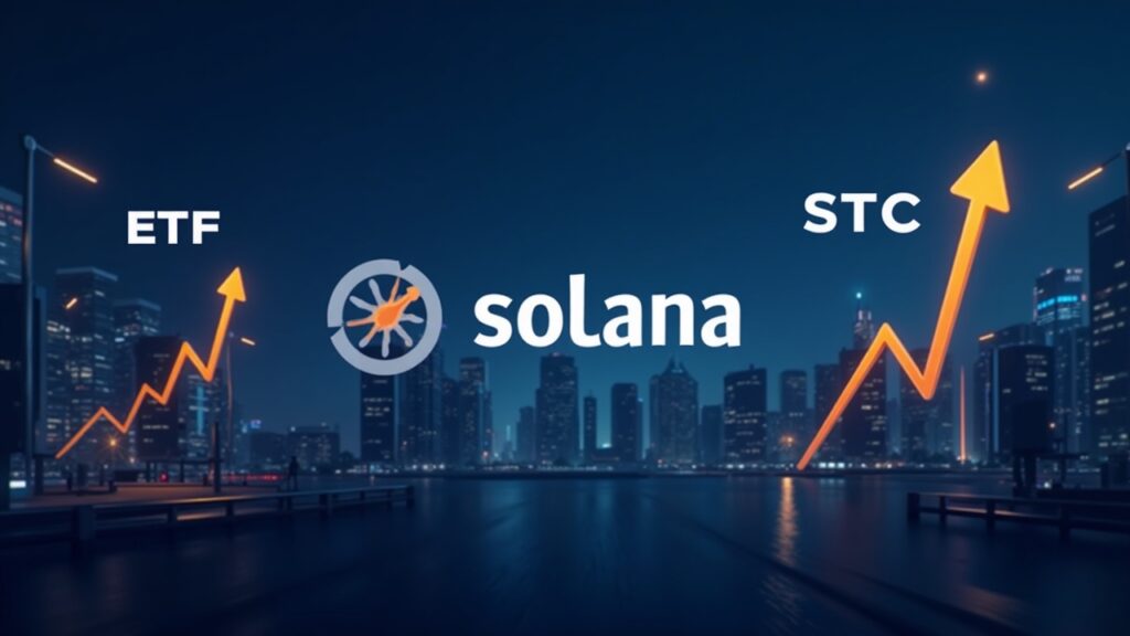 Solana Defies Drop with 16 Million ETF Inflows and Aims High Photoreal Solana logo center; left: ETF inflows and OTC desks, right: falling price line, futuristic blockchain city.