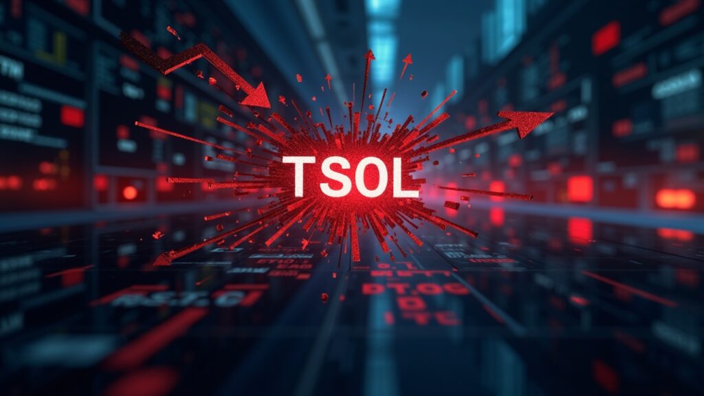 Photoreal Solana logo dissolving into red TSOL outflow arrows above ETF tickers in a newsroom setting
