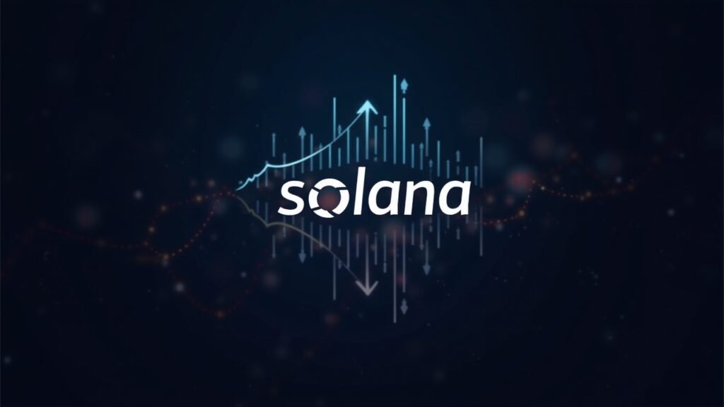 Solana logo centered over a narrow price-band chart with arrows representing institutional inflows, in a crypto newsroom vibe.