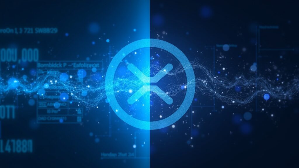 Photorealistic split-screen: Solana throughput on left, XRP ledger with regulatory pillars on right, central Solana node.