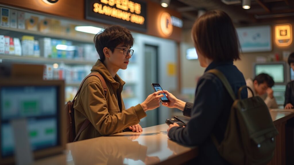 Photorealistic scene of a foreign traveler paying at a Korean store with a QR-stablecoin prepaid card, BC Card branding.