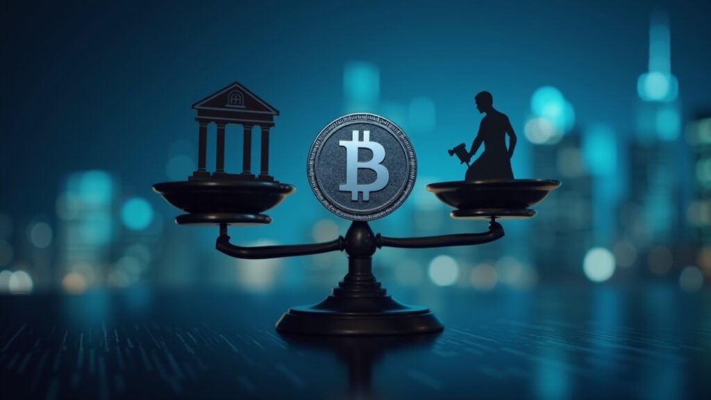 Stablecoin balanced on scales between bank and fintech icons with a futuristic city, symbolizing regulatory deadlock.