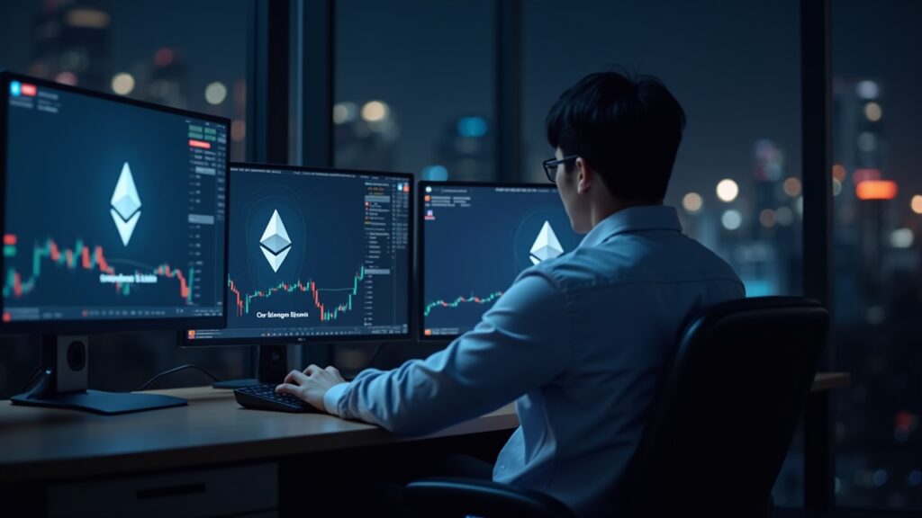 Ethereum reaches record 2.2 million daily transactions while fees drop by 90% Photorealistic Korean retail trader at a desk with Ethereum icons and BitMine branding on screens, illustrating steady buy pressure as price drops