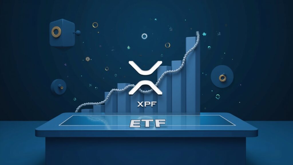 Photorealistic newsroom header with XRP ETF logo on glass desk, rising inflows, institutional and regulatory icons.
