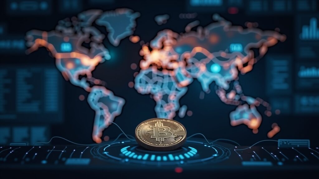 News-style map highlighting US and Europe liquidity zones linked by digital lines, with a stablecoin token upfront.