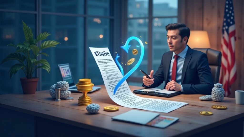 Realistic newsroom: policy maker at desk as staking rewards flow into a tax form, with crypto icons and a subtle US flag.