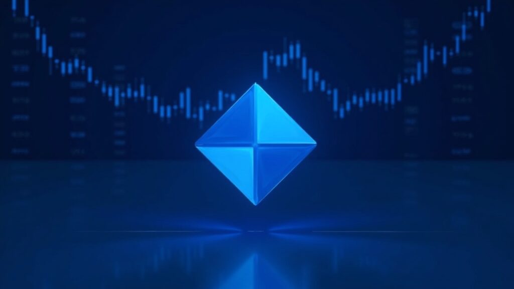 Photorealistic newsroom with Stellar logo, rising chart, and volume spike signaling institutional interest in blue tones.