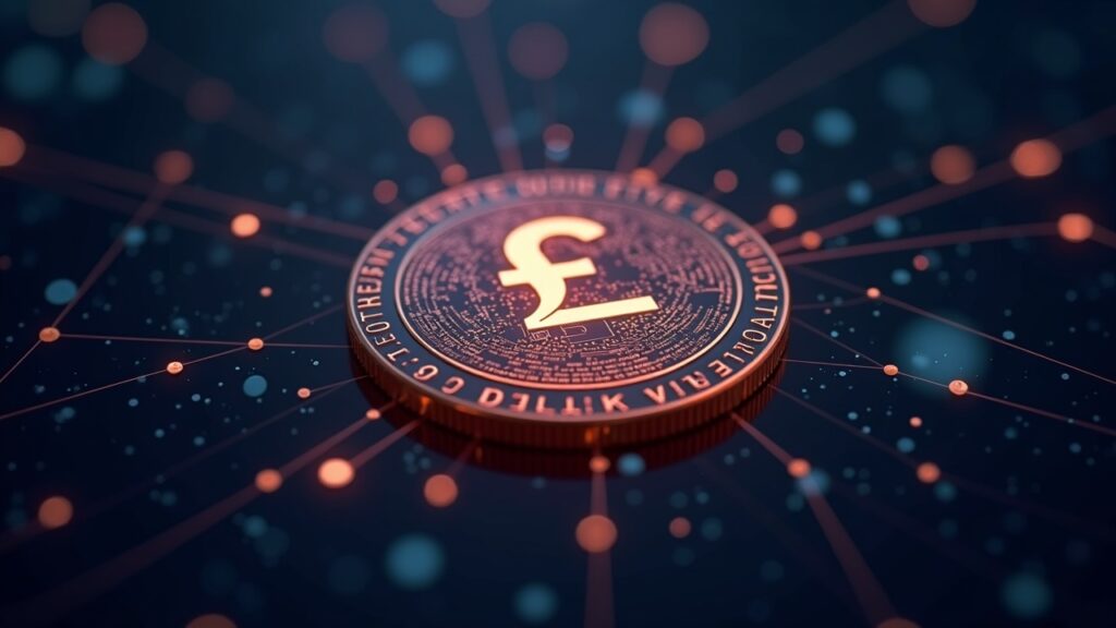 UK Prioritizes Stablecoin Payments in 2026 to Lead Global Digital Finance Sector Photorealistic glowing digital pound coin with network lines and a shield in UK colors, symbolizing regulated fast payments.