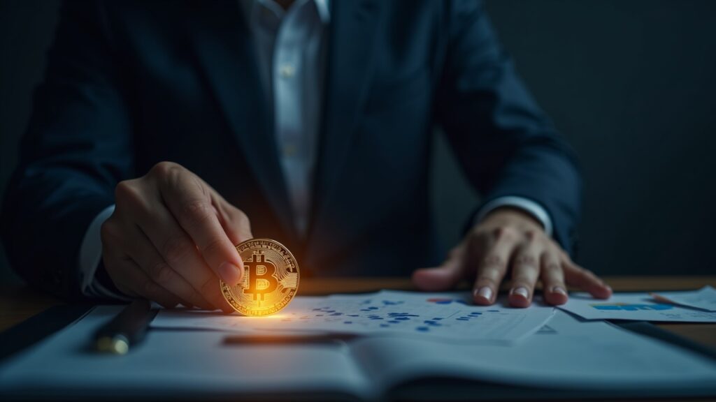 Michael Saylor acquires 1,229 BTC and raises Strategy’s Bitcoin investment to record figures Executive places a glowing Bitcoin on a digital ledger beside a rising chart, symbolizing Strategy Inc.'s bitcoin treasury.