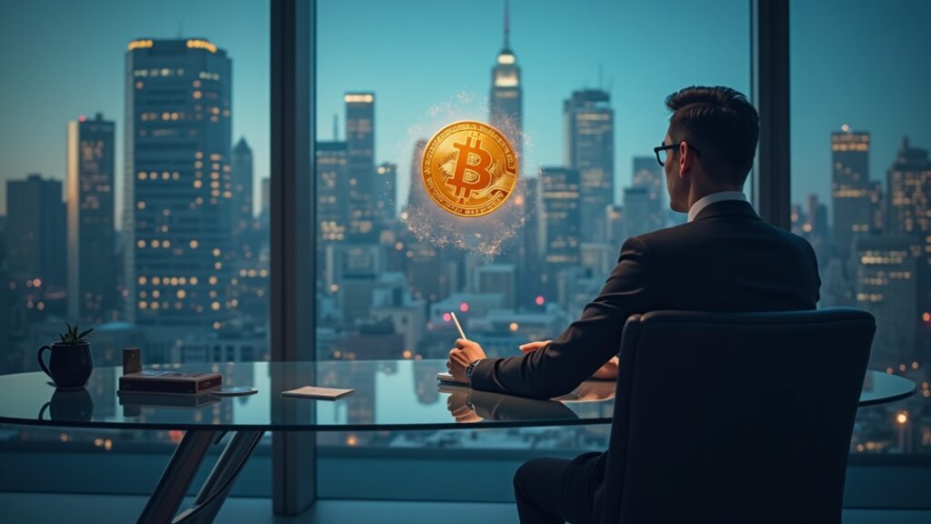 Strategy survives first Nasdaq 100 shakeup since entering the index Photorealistic executive at a glass desk with Nasdaq-100 skyline and a floating Bitcoin emblem.