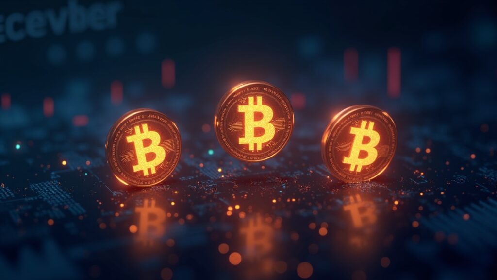 Three glowing crypto tokens rise from a glitching data stream, beside a December calendar and subtle market graphs.