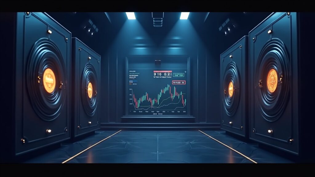 Newsroom scene showing HYPE, SUI and EIGEN token unlocks, vault doors opening, a market depth chart with countdown.