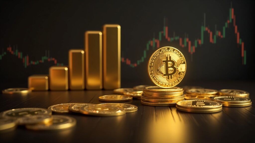 Photorealistic scene showing digital gold tokens above a modern trading desk, with gold bars and a faint blockchain grid.